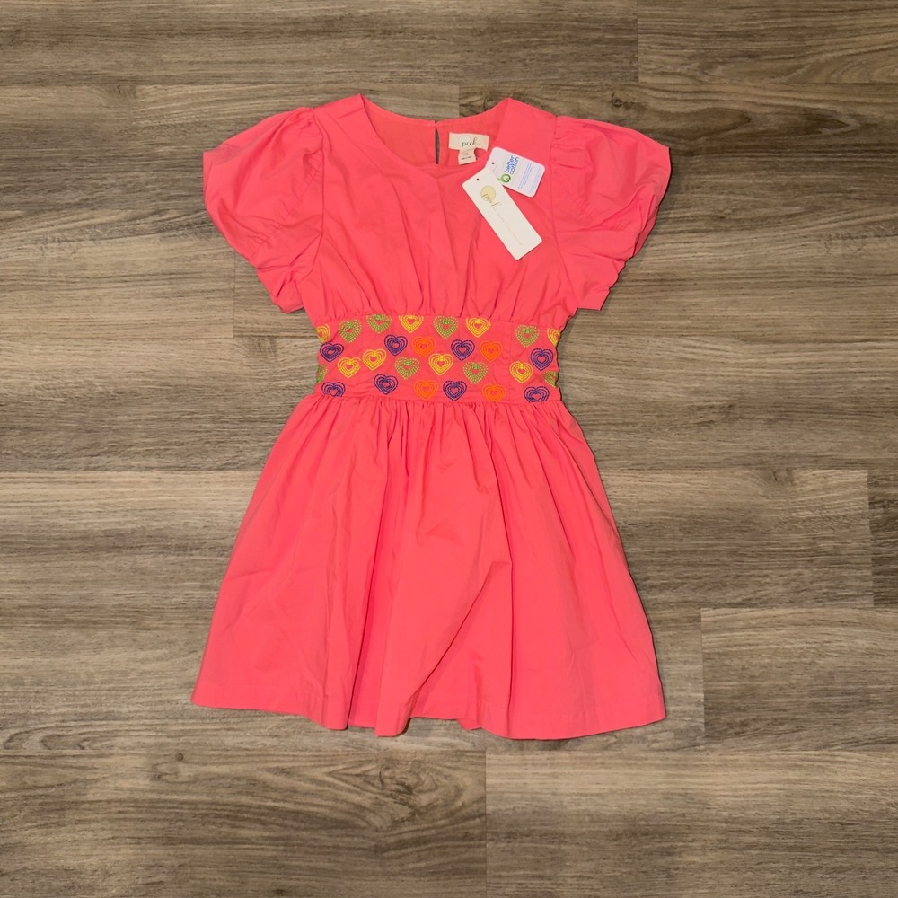 Peek Kids Coral Heart Embroidered Dress‎ Girls Size 10 Puff Sleeve NWT